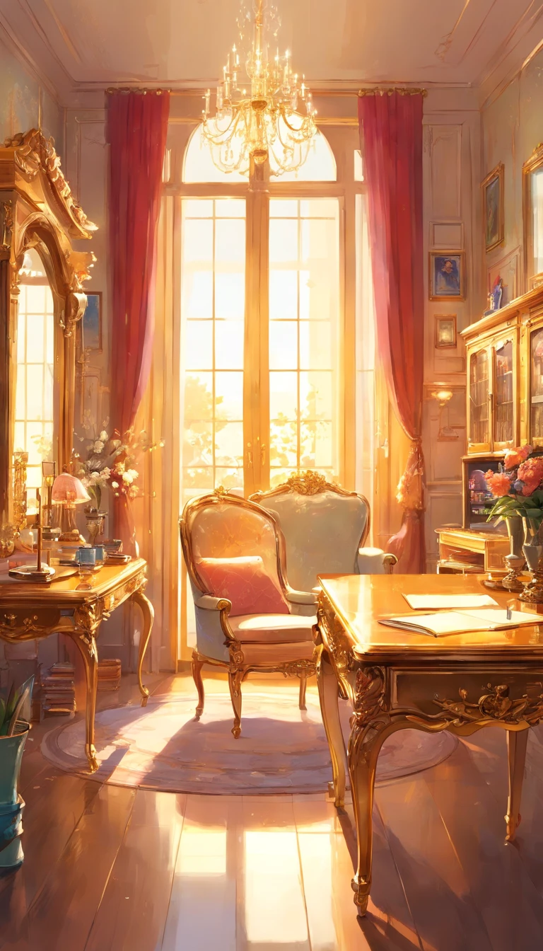 And now I felt a gentle push on my lower back, and a tug on my hand, as if the room itself was inviting me in. "Nope, meus sapatos...&quot; started, but the push and pull became firmer and I found myself clumsily crossing the threshold, no veludo carmesim bordado. The furniture was as grand as the room itself., esculpido, golden and polished until it shined in the sunlight that came through the windows. Havia uma cama enorme sobre um estrado, dossel em ouro com uma colcha branca transparente; a maior penteadeira que eu poderia imaginar, covered with brushes and combs and cut glass bottles of perfumes and cosmetics; a desk so elegant I could barely imagine sitting at it; and rich golden velvet sofas and chairs spread throughout the room, para que eu pudesse sentar em quase qualquer lugar se tivesse vontade de repente. Eu dei outro passo para dentro da sala, my eyes wandering from the beautiful walls to the magnificent furniture and to the high ceiling with hanging crystal chandeliers - the room was so big it needed five of them.