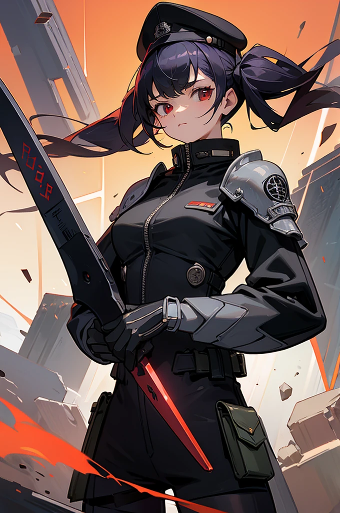 cyber background、(masterpiece、top-quality:1.2)、((facing front:1.2))、With bangs、13 year old young woman、((The upper part of the body:1.2))、Promotional Art、offcial art、silber hair、Red Eye、Longhaire、low twintails、Wearing a black military cap、Black military uniform、Black coat、Black Gloves、Long Muffler、Black tights、Holding the Red Sword