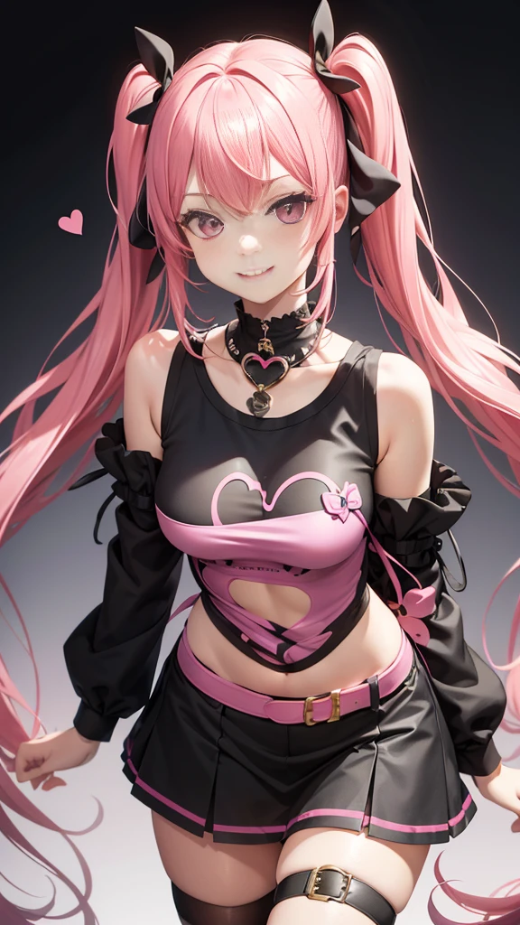 <lora:Ironmouse:0.8> ironmouse, purple eyes, pink hair, purple hair, streaked hair, two side up, horns, light smile, full-face blush,   <lora:edgPastelGothFashionv1:0.8> edgPastelGoth, pink outfit, chain skirt, ,wearing edgPastelGoth,, absurdres, ultra detailed, masterpiece, best quality, aesthetic, detailed,