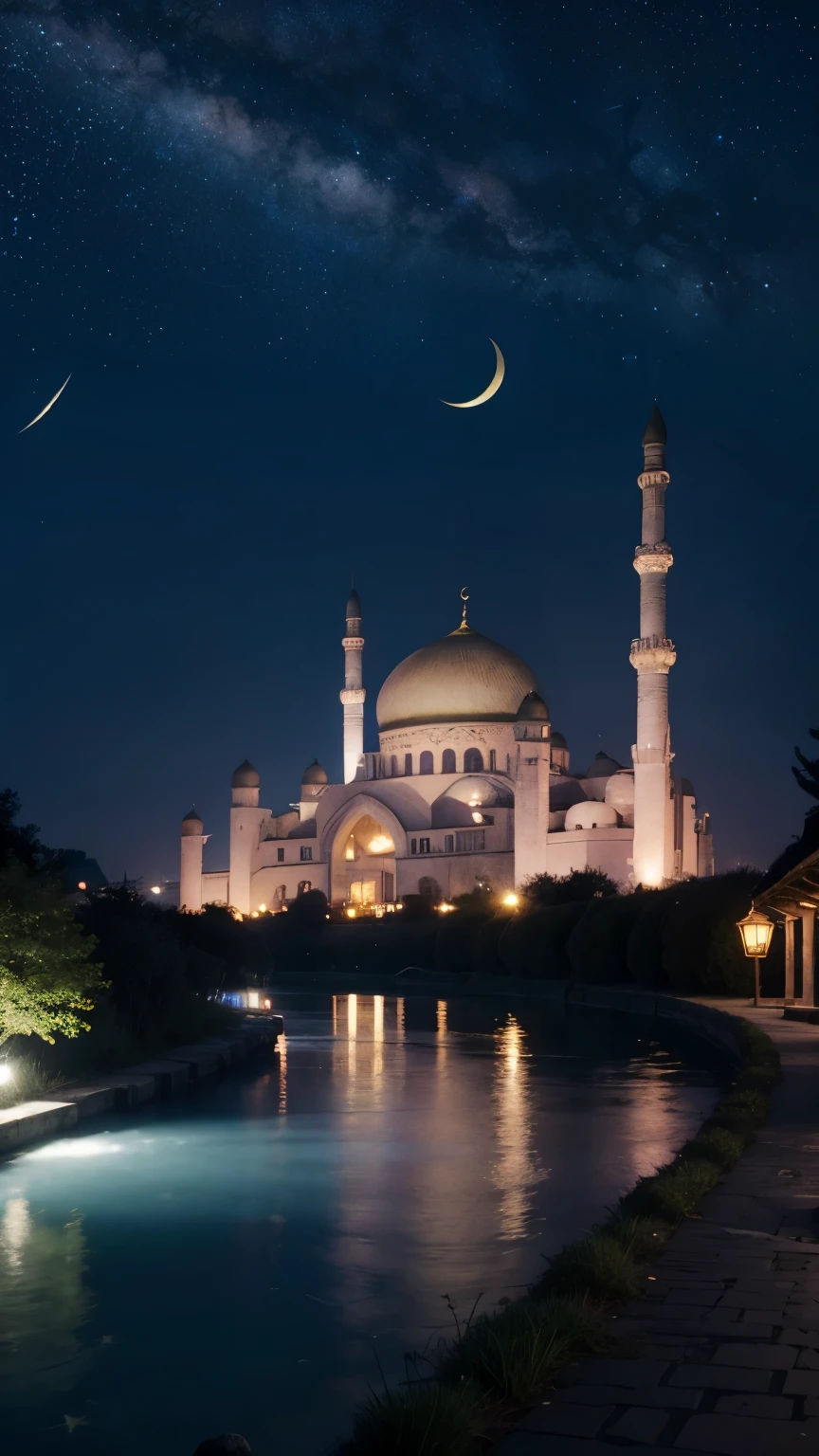 mosque, beautiful, exterior, trees, sexy girl, river, night, (((stars in sky)))