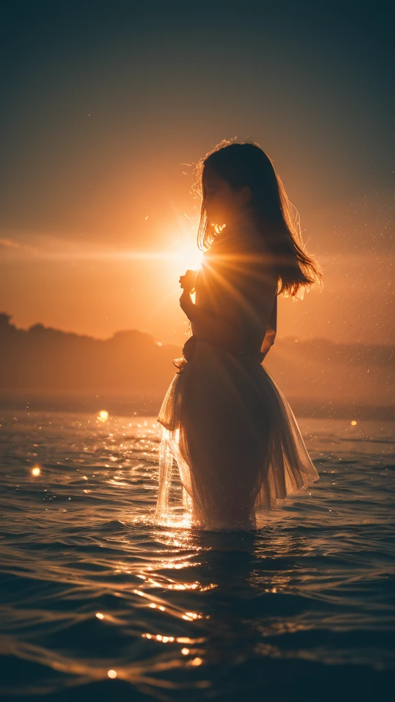 Surrealism, Social realism, modern, Futurism, Romanticism, Tonalism, cinematic lighting, sparkle, glowing light, reflection light, backlighting, blending, Fujicolor, film grain, wide shot, lens flare, caustics, f/1.2, UHD, masterpiece, super detail, high details, high quality, highres, best quality,Summer Dream,fruit,Dreamy lighting,The scattered water drops float in the air and sparkle in the sun