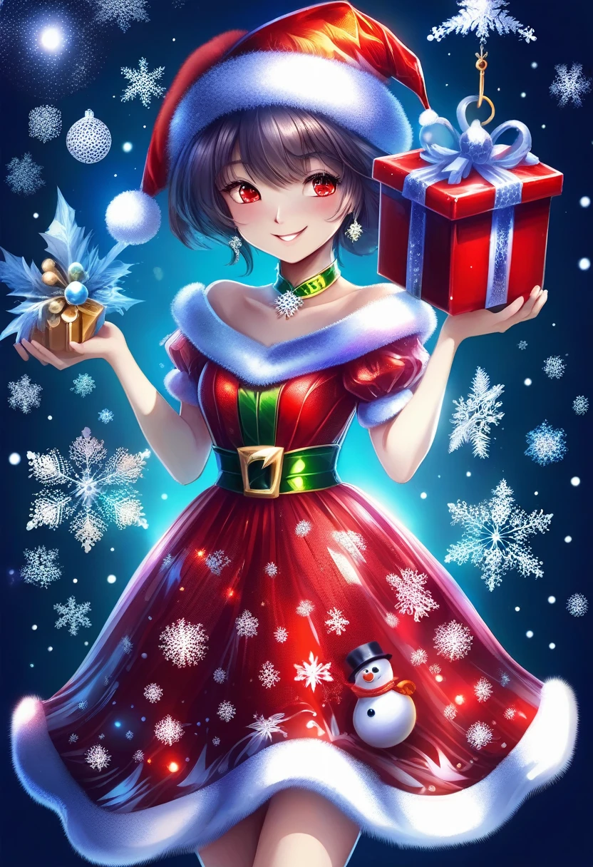 FrostedStyle, beautiful girl wearing red Christmas dress is holding a Christmas gift, a big happy smile with closed eyes, (sparkles, shiny clothes, shiny eyes), Background Transparent. 