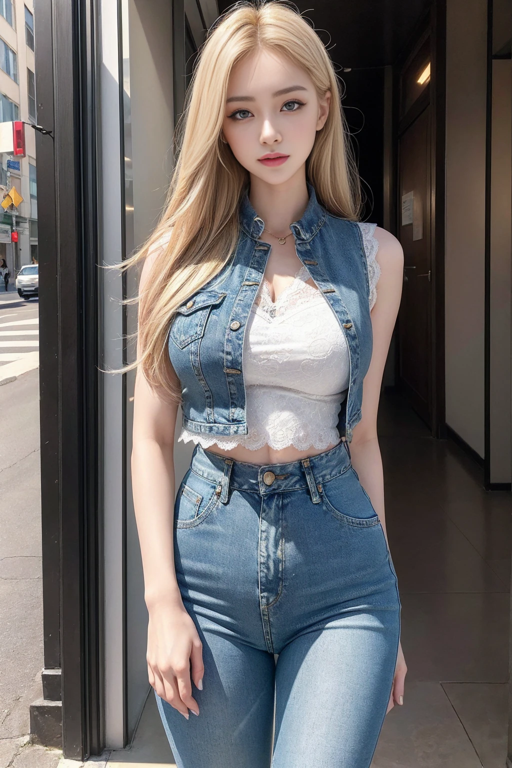 ((Realistic lighting, best quality, 8K, masterpiece:1.3)), (Lock focus:1.2), (2 sisters),(Beautiful woman with perfect figure:1.4), : 2 beautiful Korean girls, Korean pop idol,Leg length,(Pale skin), (big eyes),(Smile:0.8),(Plump and sexy lips), Complex and detailed face, ((Super delicate skin)),Delicate face,Ultra-thin face,Fine Eyes,Double eyelids,((blonde)), (White lace underwear:1.4),Background Shibuya street,emphasize,Ultra-thin face,Fine Eyes,Double eyelids,(Start from below:1.attitude,(Mid-chest:1.2),Sexy long legs, (Thigh gap:1.5),Wide hips,S-Shaped Body,Vest line, Hips lifted,Leg length,Skinny denim trousers,Shooting from the front,Body proportions,Over-the-knee leather boots,