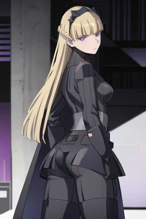 AmSW,long hair,blonde hair,black gloves,purple eyes,black hairband,cape,black bodysuit,medium breasts,braid,blunt bangs, city, from behind, behind cape