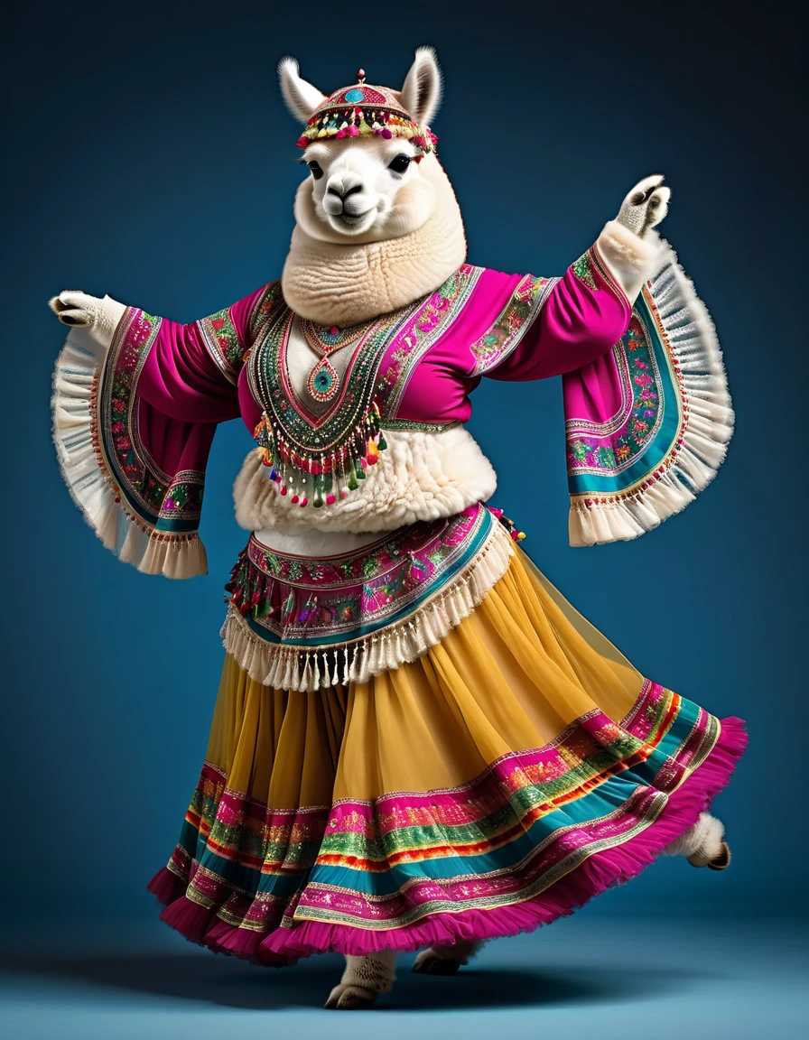 photorealistic portrait of Dressed animals - a ((fat)) ((alpaca)) dancer,(furry), (dynamic dancing:2.0), (swinging arms :2.0),(happy smile:1.2),high quality,(happy),(lovely) ,intricate details, (sheer veil), highly detailed (( gypsy belly dancing clothes)) ,highly detailed decorations of clothes, Wearing gypsy belly dancing clothes, , (happy), studio lighting,(full body image:1.5),simple background,(viewed from side:2.0),