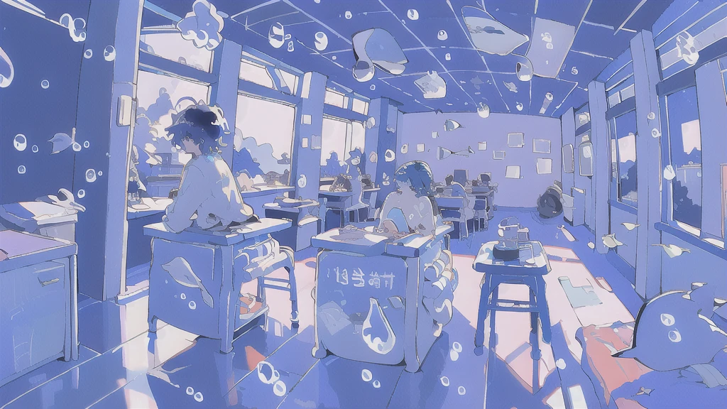 jars, a Libido boy, solo, ((The upper part of the body)), Libido boy, Alone, malefocus, looking at viewert, The upper part of the body, depth of fields, Clear lines, , Himmel_Soso_The No_Frilen, Blue hair, eBlue eyes, in jars, cute big breasts、smallest, small, A piece of, longer sleeves, sitted, The barefoot, Indoors, bare-legged, desks, knees, desk work, (The fish, airbubble, Under water, airbubble),
