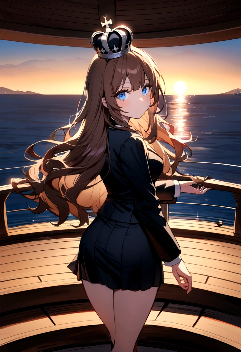 (Highest quality)(1 woman,single,long hair,brown hair,blue eyes,sexy figure ,Black suit shirt,black skirt,There is a small silver crown on the head.,Turn to look at the viewer,standing on the deck of a ship,Beautiful lighting.,morning(boat roof, overlooking the sea, Detailed background (little light pollution)) look back