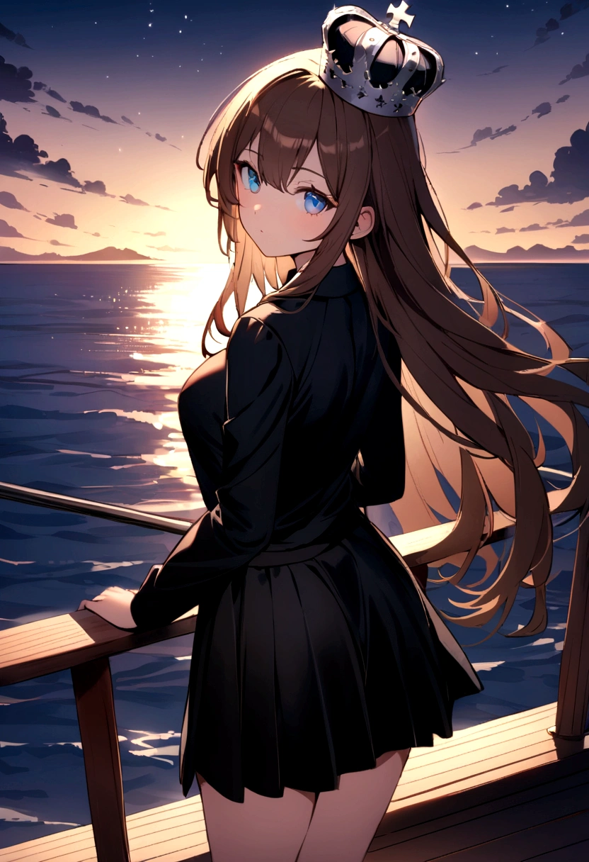 (Highest quality)(1 woman,single,long hair,brown hair,blue eyes,sexy figure ,Black suit shirt,black skirt,There is a small silver crown on the head.,Turn to look at the viewer,standing on the deck of a ship,Beautiful lighting.,morning(boat roof, overlooking the sea, Detailed background (little light pollution)) look back