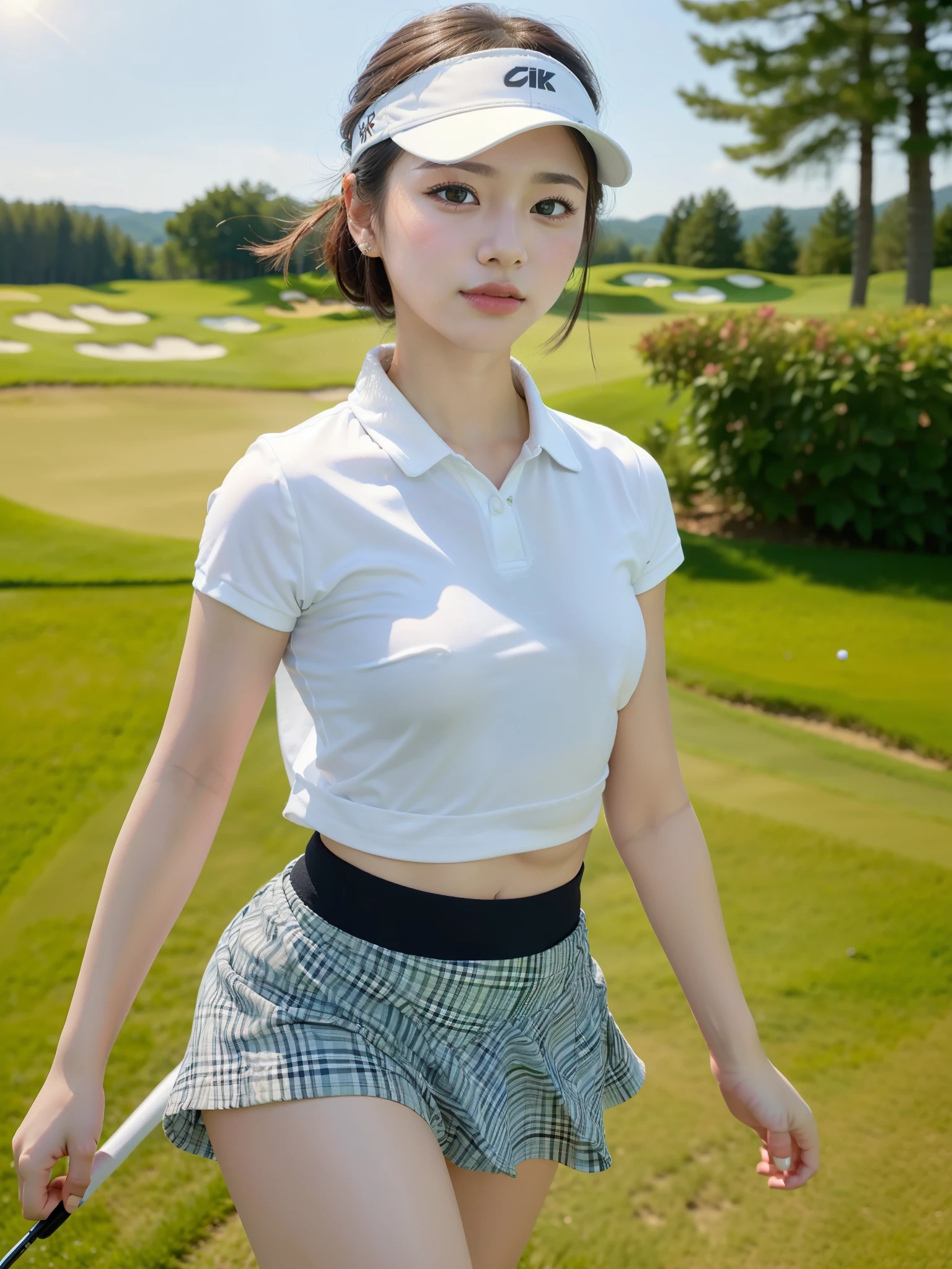 ((Best of the highest quality, 8k, Masterpiece, raw photo: 1.2)), (Sharp focus: 1.2), (1 AESPA, slim body type female, 21 y/o: 1.1), (Solo: 1.28), (realistic, photo-realistic:1.37), face focus, cute face, finely eyes, (droopy eyes: 1.32), (Emphasize prominent aegyo-sal with bright: 1.2), shimmering eyeshadow applied under the lower lash line, paired with thick, (small breasts, flat chest, Thigh: 1.3), (short bob, updo: 1.28), (golf wear, skirt, sun visor: 1.32), walking Golf course, sun light, (skirt is rolled up by the wind: 1.1)