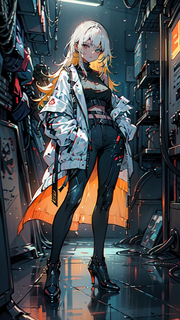 1 girl, long Yellow hair , cyberpunk, blue eyes, high heels, hand in pocket, best quality, 4k, 8k, highres, masterpiece:1.2, ultra-detailed, realistic, photorealistic, photo-realistic:1.37, HDR, UHD, studio lighting, ultra-fine painting, sharp focus, physically-based rendering, extreme detail description, professional, vivid colors, bokeh, cyberpunk, science fiction, neon lights, dark atmosphere, dramatic lighting