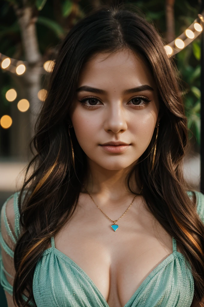 1girl in, age 25, Square face, Long hair, Looking at Viewer, jewelry, Realistic, A sexy, Maxi dress outfits, multicolored outfits, Bokeh lights background, sleep pose