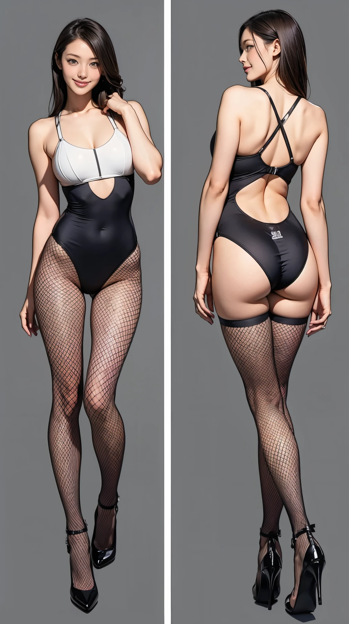 ((masterpiece)),(((Highest quality))),((Character design sheet)),Thin thighs,Long legs,Bunny girl:1.5,wearing black fishnet tights:1.5,The best smile:1.5,Full Body Shot:1.5,Gray background:1.5,Wearing black high heels:1.5,Wearing a black high-cut swimsuit:1.5,