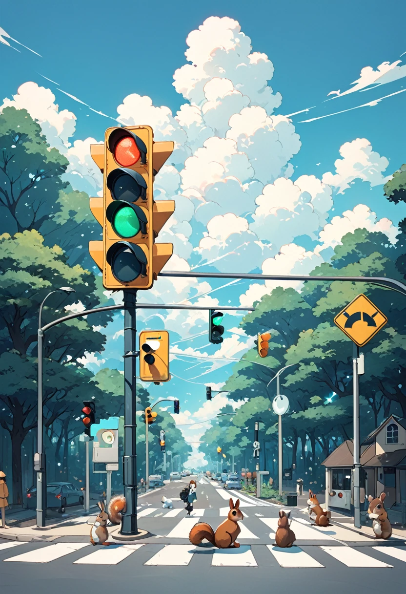 Traffic lights flashing blue against a blue sky in the forest、Traffic lights floating in the sky、Animal Traffic Lights、Rabbits and squirrels are waiting for the traffic light at the crosswalk、Large rabbit and squirrel in the center、The traffic light is flashing blue、White clouds on a clear sky、Face Highlights、Lo-fi art style, Nostalgic and melancholic artwork, 