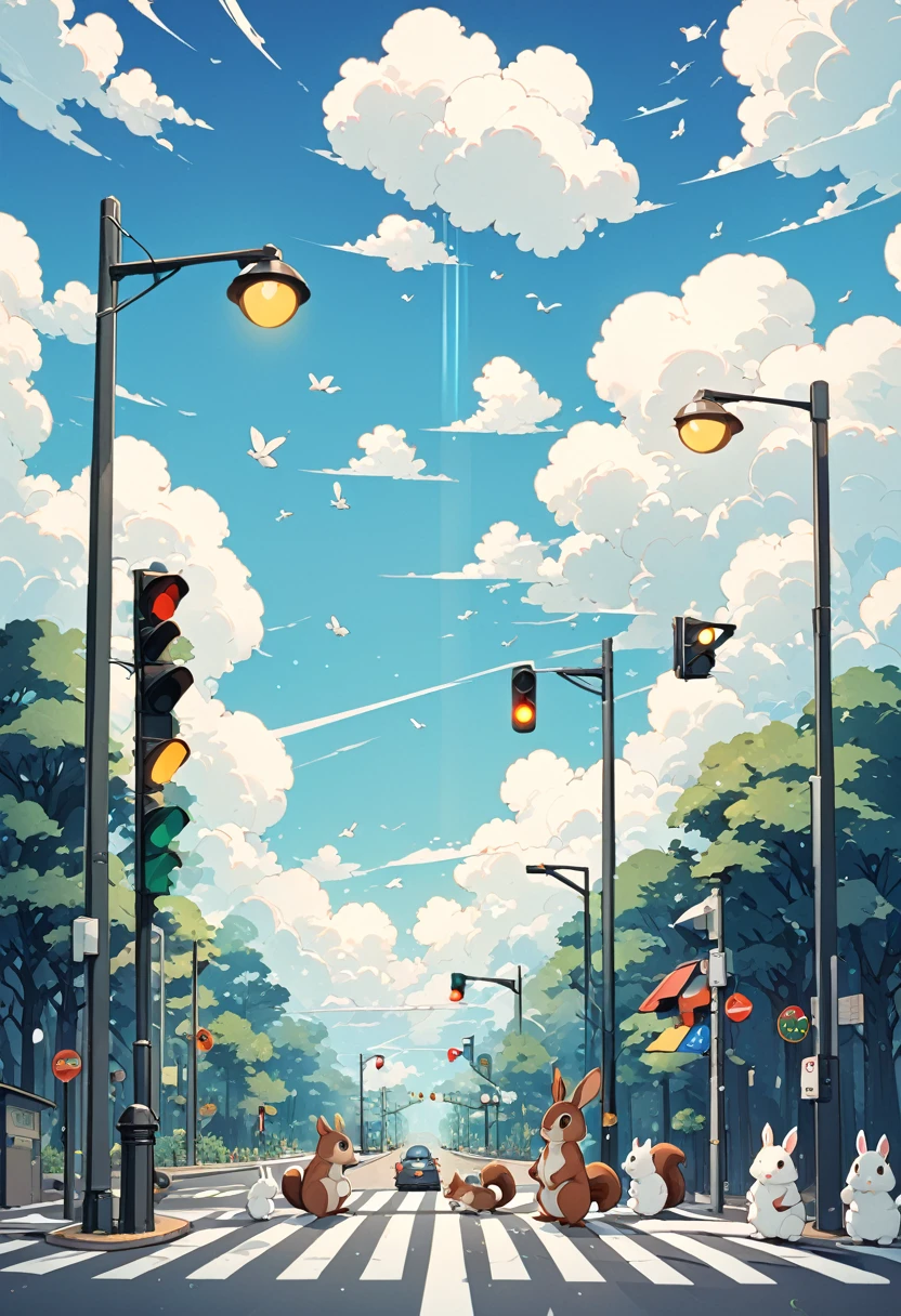 Traffic lights flashing blue against a blue sky in the forest、Traffic lights floating in the sky、Animal Traffic Lights、Rabbits and squirrels are waiting for the traffic light at the crosswalk、Large rabbit and squirrel in the center、The traffic light is flashing blue、White clouds on a clear sky、Face Highlights、Lo-fi art style, Nostalgic and melancholic artwork,