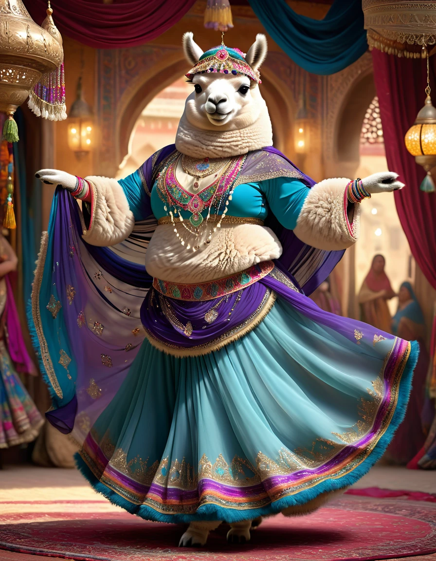 photorealistic portrait of Dressed animals - a ((fat)) (alpaca) dancer,(furry), (dynamic dancing:2.0), (swinging arms :2.0),(happy smile:1.2),high quality,(happy),(lovely) ,intricate details, (sheer veil), highly detailed (( gypsy belly dancing clothes)) ,highly detailed decorations of clothes, Wearing gypsy belly dancing clothes, , (happy), soft lighting,(full body image:1.5),Arabian palace background,(viewed from side:2.0),