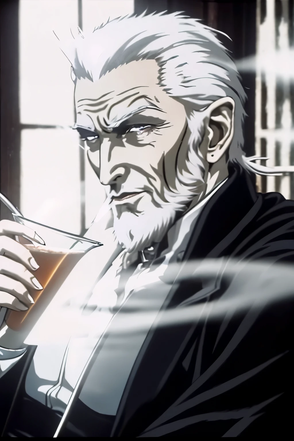 Vampire old man, is a butler, wears white cloth, has white hair, uses ice magic, has a lock goatee beard also white. he is drinking tea