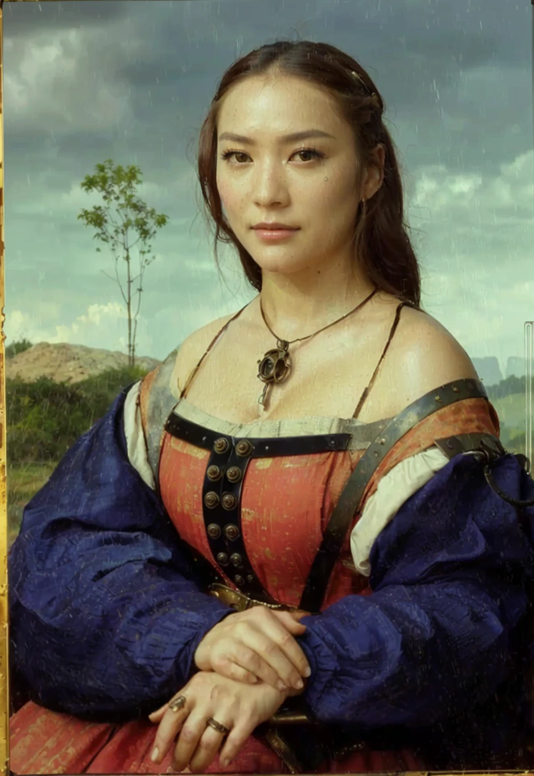 (masterpiece, best quality:1.2), (8k uhd, 16k, 32k, ultra high res), realistic photo, ultra sharp photo result, HDR10, superrealism, (The main subject: Wide-angle lens), (steampunk:1.2), beautiful japanese female, (super beautiful face), legs, Power mechanical suit), (super intricate all details), (super realistic all textures), metallic yellow color, hydraulic cylinder, Rust, scars from previous battles, (steam engine like),cinematic poses in motion, Rain, humidity, jungle