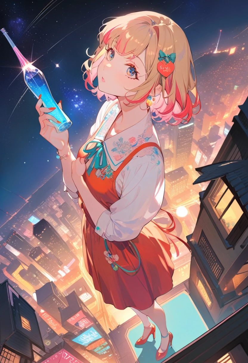 One girl,Looking up at the starry sky、In love, Multicolored Hair, Bob Hair, Retro costumes, High heels, Sideways glance, Hyper Pop, Night view, Retro feel, overview, masterpiece, Highest quality,