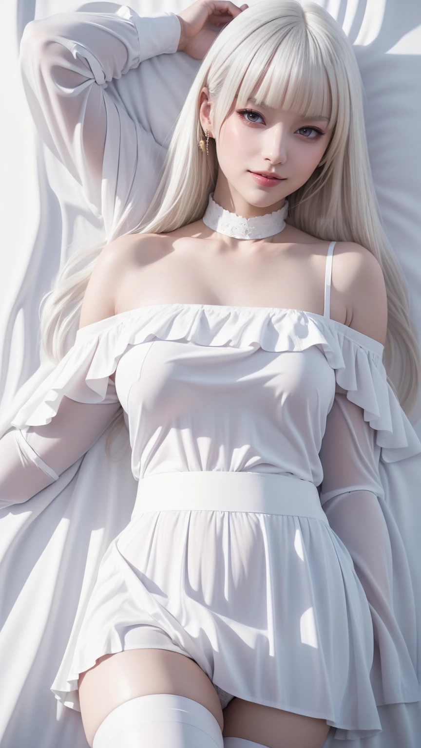 ((Golden white hair)),((Straight bangs、Princess bangs)),((Very heavy、Very voluminous bangs:1.1)),((Very long、Very heavy、Very voluminous side locks:1. 1))、Hime cut、Straight bangsヘアスタイル、Long Hair、The bangs are cut straight、(masterpiece、Highest quality:1. 5), (Ultra-fine 8K CG:1.4), (Hyperrealistic:1.25), (Photorealistic:1.25), (Real:1.4), COWBOY SHOT, (View from above:1.35), (from the front:1.4), (smile:1.3)、。
1 Japan Beautiful Girl、19 years old、Supermodel、Japanese Idols、(smile)、(Medium sized chest)、Sweat Muscles、(Off-the-shoulder semi-transparent white maid outfit:1.4)、COWBOY SHOT
(Black and white monotone maid outfit 1.1), (Lying in bed 1.4), (Lying on your back 1.1), (Put your head on the pillow 1.1), (Full Body Shot), ((Floral panties are visible on a white background))、8K、Highest quality、大きな満月のbackgroundの夜、Beautiful and detailed night sky、masutepiece:1.2)、(Real、realism:1.37)、Highest quality、beautiful、(Golden white hair)Pensive expression、Charm、Captivating appearance、Cute off-the-shoulder maid outfit、blue eyes、background、Light Skin Tone、Raise your arms、Underarm、(top down:1.2)