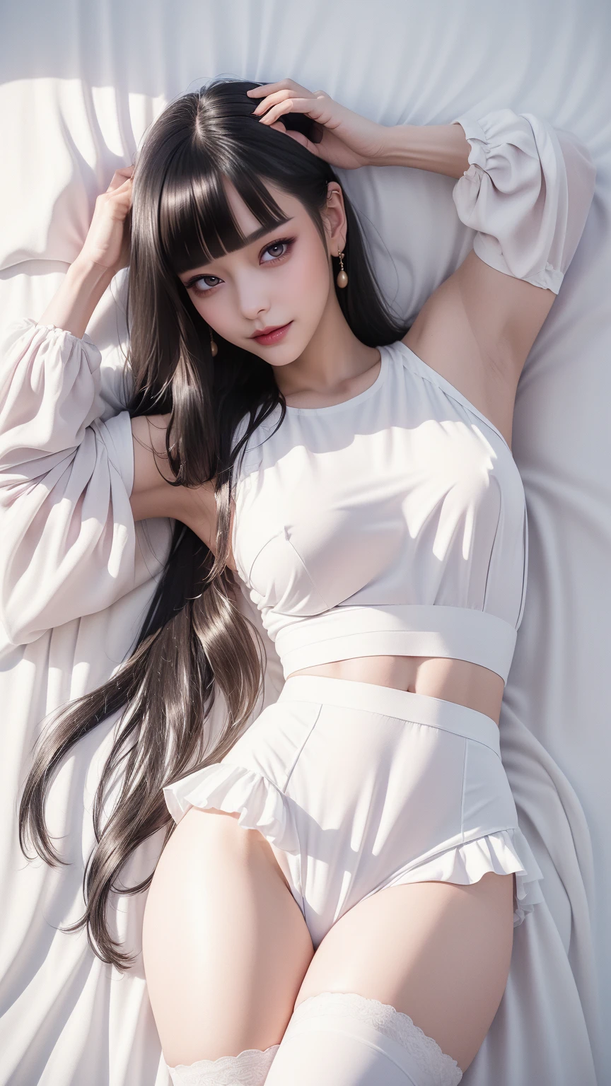 ((Golden white hair)),((Straight bangs、Princess bangs)),((Very heavy、Very voluminous bangs:1.1)),((Very long、Very heavy、Very voluminous side locks:1. 1))、Hime cut、Straight bangsヘアスタイル、Long Hair、The bangs are cut straight、(masterpiece、Highest quality:1. 5), (Ultra-fine 8K CG:1.4), (Hyperrealistic:1.25), (Photorealistic:1.25), (Real:1.4), COWBOY SHOT, (View from above:1.35), (from the front:1.4), (smile:1.3)、。
1 Japan Beautiful Girl、19 years old、Supermodel、Japanese Idols、(smile)、(Medium sized chest)、Sweat Muscles、(Off-the-shoulder semi-transparent white maid outfit:1.4)、COWBOY SHOT
(Black and white monotone maid outfit 1.1), (Lying in bed 1.4), (Lying on your back 1.1), (Put your head on the pillow 1.1), (Full Body Shot), ((Floral panties are visible on a white background))、8K、Highest quality、大きな満月のbackgroundの夜、Beautiful and detailed night sky、masutepiece:1.2)、(Real、realism:1.37)、Highest quality、beautiful、(Golden white hair)Pensive expression、Charm、Captivating appearance、Cute off-the-shoulder maid outfit、blue eyes、background、Light Skin Tone、Raise your arms、Underarm、(top down:1.2)