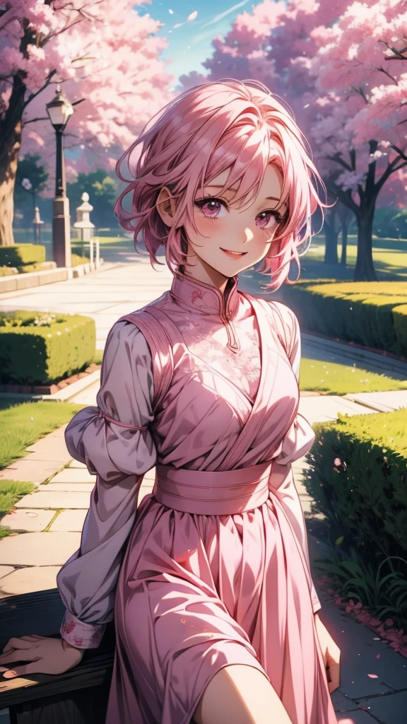 Anime girl with pink hair and pink dress in the park, Cute girl anime visuals, Haruno sakura, Smooth anime CG art, shirabii, Splash Art Anime Loli, Happy smile, sayori, Cute Anime Girl, Anime Best Girl, [[[[smile wickedly]]]], Happy girl, Half Yamada