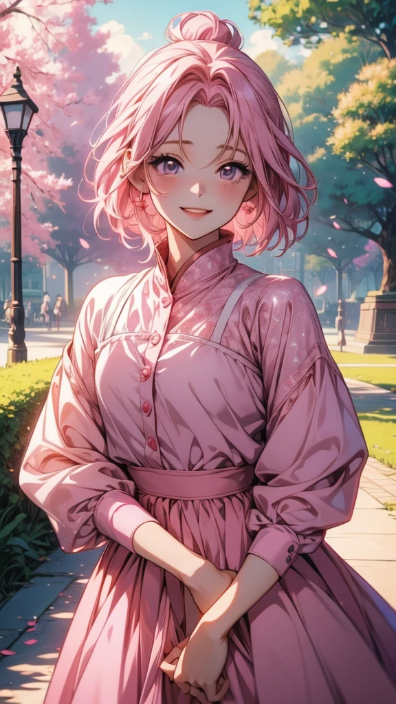 Anime girl with pink hair and pink dress in the park, Cute girl anime visuals, Haruno sakura, Smooth anime CG art, shirabii, Splash Art Anime , Happy smile, sayori, Cute Anime Girl, Anime Best Girl, [[[[smile wickedly]]]], Happy girl, Half Yamada