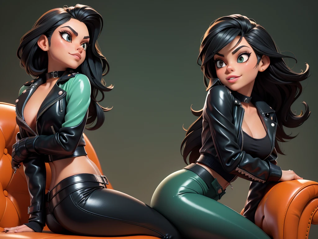 obra prima, melhor qualidade, ((mila kunis, black hair)) head back, sassy wicked girl, open mouth, big teeth smile, thick smoky black eye shadow, long fake eyelashes, sultry eyes, ((dark orange leather biker jacket,)) biker jacket has stiff collar, leather blouse, ((mint green pvc skinny pants,)) studs zippers snaps, shiny leather gloves, nip slip, body is skinny, laying down hugging each other on sofa, shiny tight buttocks, arched back, mashing breasts, (passionate kissing,) camera view of whole body, looking up at me, shallow depth of field, highres, HD, 8k, anatomically correct