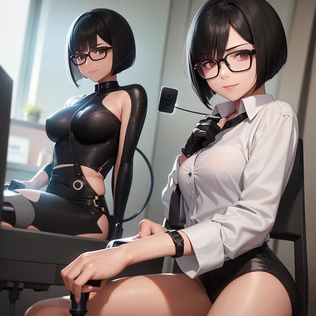 A woman with short black hair and black glasses is not smiling. Pressing a joystick.