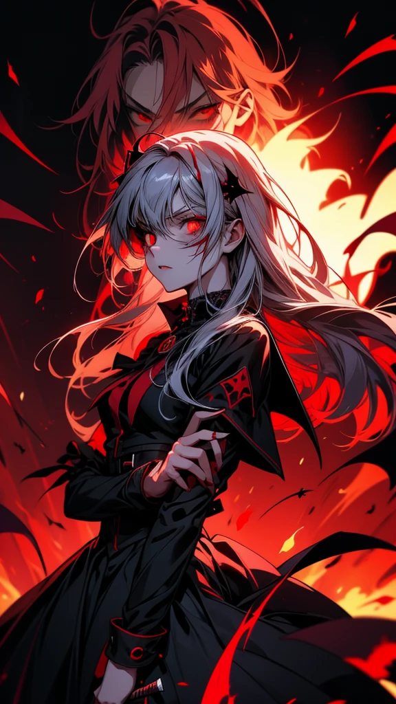 Red eyed anime girl holding a knife and bloody hands, Gothic Maiden Anime Girl, Gap Moe Yandere Grimdark, portrait Gap Moe Yandere Grimdark, gapmoe yandere, Devil Anime Girl, Nightcore, With eyes that glow red, yandere, Vampire Girl, Female Vampire Knight, yandere intricate, Burning, Red eye glow angle from the front eye patch