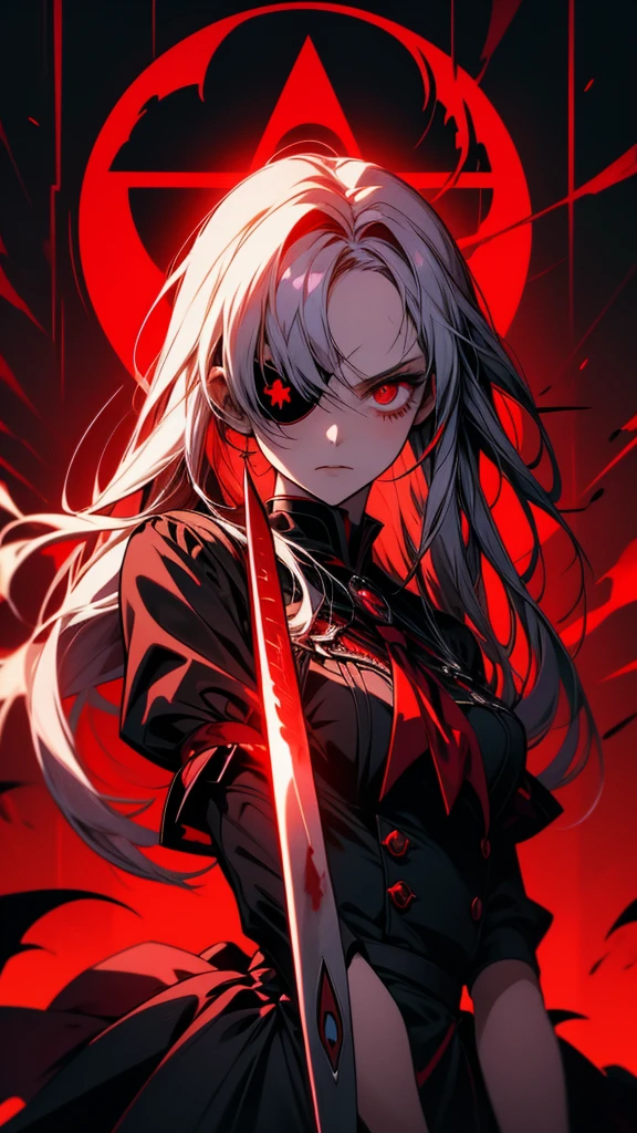 Red eyed anime girl holding a knife and bloody hands, Gothic Maiden Anime Girl, Gap Moe Yandere Grimdark, portrait Gap Moe Yandere Grimdark, gapmoe yandere, Devil Anime Girl, Nightcore, With eyes that glow red, yandere, Vampire Girl, Female Vampire Knight, yandere intricate, Burning, Red eye glow angle from the front eye patch