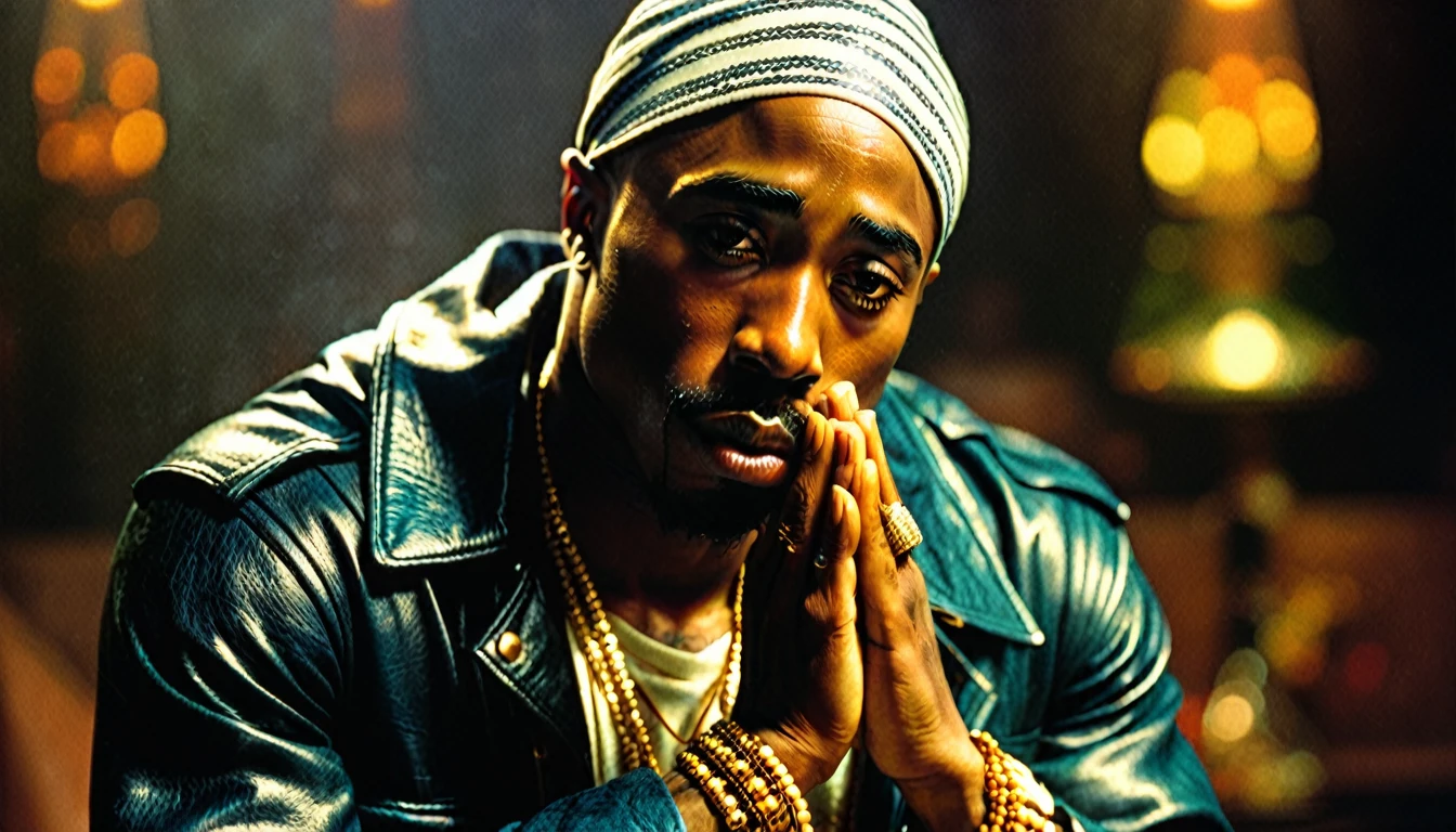 1970s photo of "2Pac" wearing 1970s attire, he is praying, atmospheric perspective, textured skin, cinematic action,