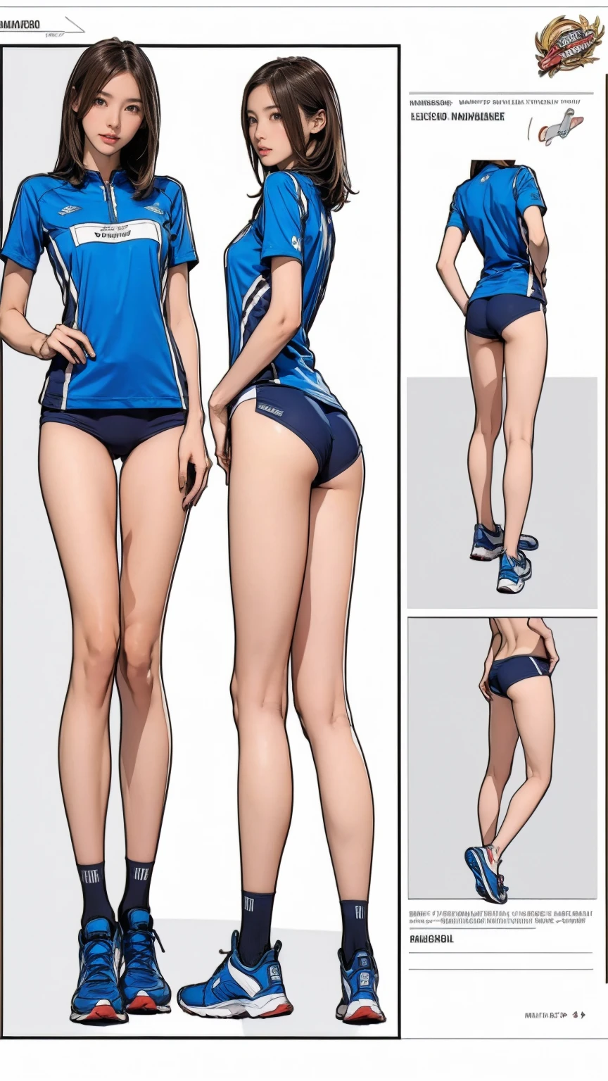 ((masterpiece)),(((Highest quality))),((Character design sheet)),Thin thighs,Long legs,It's not a big deal ,Wearing a marathon uniform and marathon shoes
