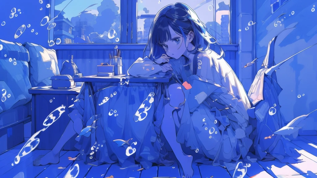 jars, a Libido boy, solo, ((The upper part of the body)), Libido boy, Alone, malefocus, looking at viewert, The upper part of the body, depth of fields, Clear lines, , Himmel_Soso_The No_Frilen, Blue hair, eBlue eyes, in jars, cute big breasts、smallest, small, A piece of, longer sleeves, sitted, The barefoot, Indoors, bare-legged, desks, knees, desk work, (The fish, airbubble, Under water, airbubble),