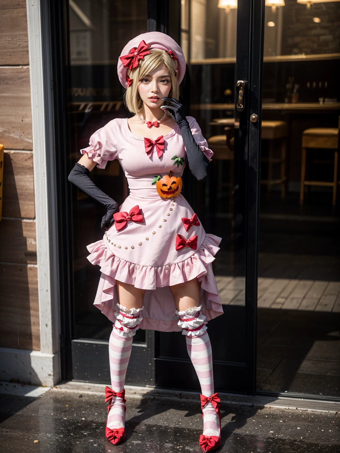 (1 lady), The beautiful, (Best quality at best:1.4), (ultra - detailed), (extremely detailed CG unified 16k), gold blonde hair, very detailed, High-definition RAW color photo, professional photoshooting, amazing face and eyes, cosmetics, (amazingly beautiful girl), ((lambdadelta, tall woman, taller)), ((dress, shoes bow, red shoes, striped stockings, red bow, pink hat, necklace, gloves, pearl, pumpkin brooch, pink dress)), standing, sexyposture,(background: walking in the streets, urban landscape, blue sky, early evening time), (look from down), realistic cinematic face, head to feet long wide zoomed out view, full body long view, photorealistic, ((realistic natural blonde hair style, honey eyes)), gorgeous, extremely beautiful face, perfect model beauty, pout mouth, flirting smile, eating candies, (masterpiece), best quality, high resolution, extremely detailed, depth of field, cinematic lighting, (amazing legs, strong legs, athletic legs), high heels, clear and well-cared skin