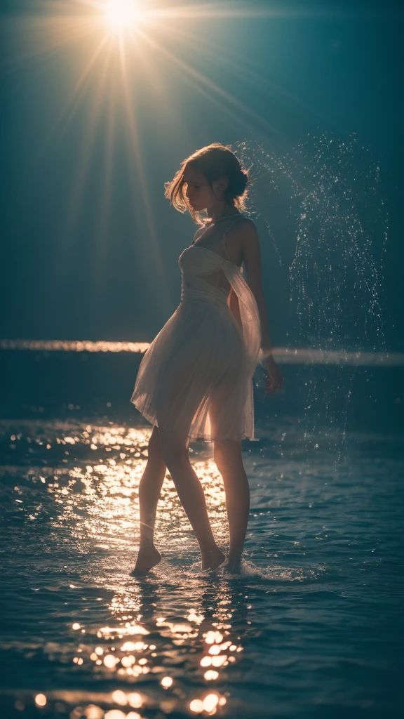 Surrealism, Social realism, modern, Futurism, Romanticism, Tonalism, cinematic lighting, sparkle, glowing light, reflection light, backlighting, blending, Fujicolor, film grain, wide shot, lens flare, caustics, f/1.2, UHD, masterpiece, super detail, high details, high quality, highres, best quality, anatomically correct,Summer Dream,Dreamy lighting,The scattered water drops float in the air and sparkle in the sun
