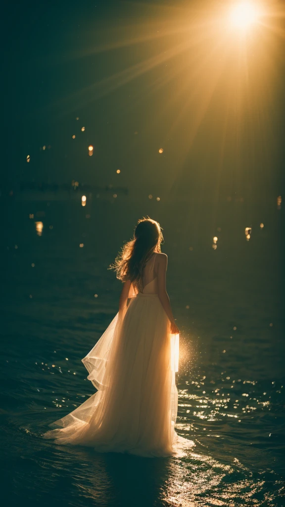 Surrealism, Social realism, modern, Futurism, Romanticism, Tonalism, cinematic lighting, sparkle, glowing light, reflection light, backlighting, blending, Fujicolor, film grain, wide shot, lens flare, caustics, f/1.2, UHD, masterpiece, super detail, high details, high quality, highres, best quality, anatomically correct,Summer Dream,Dreamy lighting,The scattered water drops float in the air and sparkle in the sun