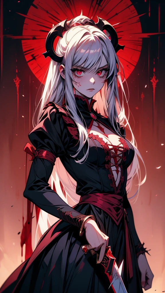 Anime girl with blood on her body holding knife and sword, gapmoe Yandere grimdark, Yandere, gapmoe Yandere, Yandere intricate, inspired By Ren, By Ren, Yandere. expensive, Devil Anime Girl, Spectacular anime style, Gothic Maiden Anime Girl, Shalltear Bloodfallen