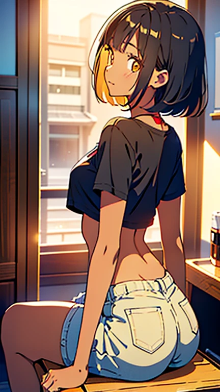 masterpiece, best quality, dark skin, short hair, yellow eyes, black hair, beautiful girl, thin, full body, tall girl, ((casual red male clothes)), ((kawaii)), ((cute)), plan boobs, short boobs, small , ((short chest)), ((big butt)), ((wide thigh)), front view, holding snacks, sitting in home