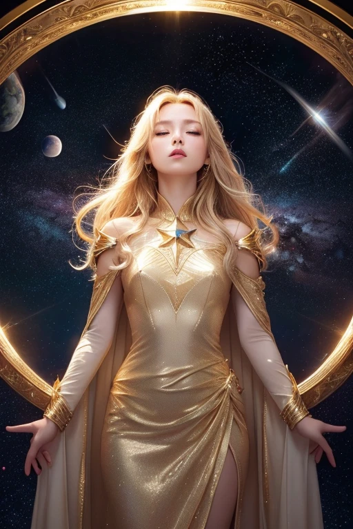 (masterpiece、Highest quality、High resolution、8k、16k)、((Alone in space、Beautiful Goddess、Standing posture、フローティング in the sky like a star))、(whole body)、Golden Cape、White long dress、No sleeve、Gold Bracelet、Blonde Hair、Beautiful brown eyes、Detailed face、Graceful operation、Close your eyes and put your arms up、Professional Lighting、The universe is full of light、Countless stars and nebulae、