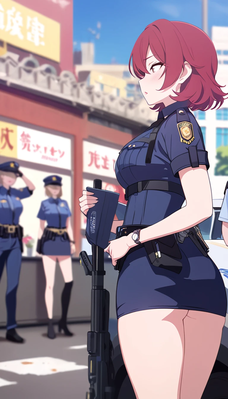 High quality, red hair, short hair, female police officer, sexy outfit, Not wearing underwear, short skirt, Slut, in public, 4k