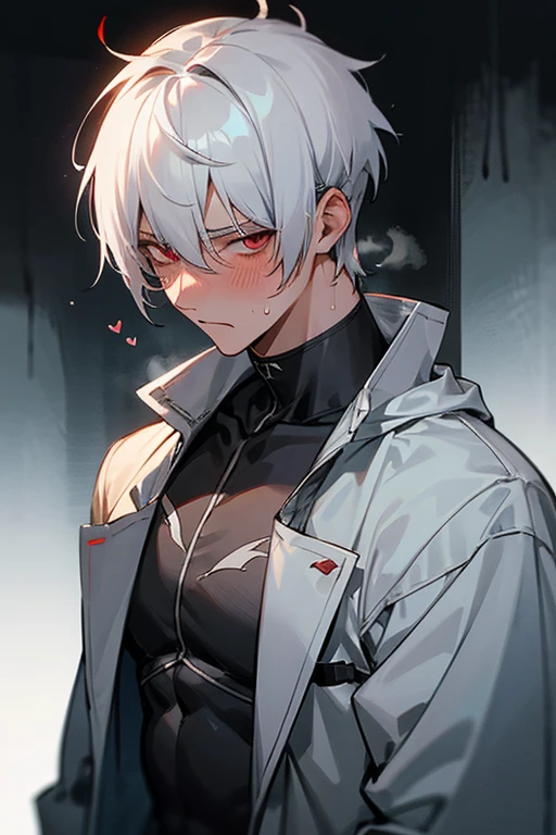 male、Gray Hair、White Hair、Short Hair、Red Eye、Cold-blooded man、Handsome、Well-built、clumsy、clumsyながらも愛を伝える、whisper、Embarrassing、Sweat、burned、blush、Confusion