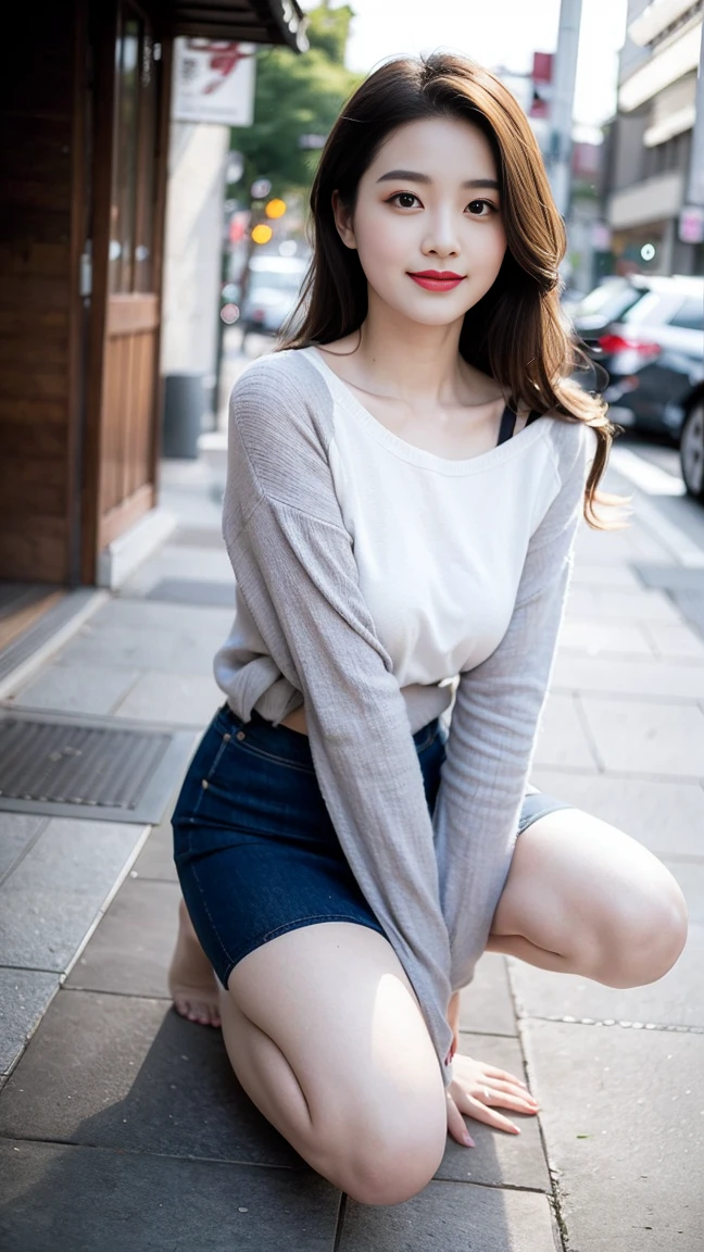 (Skin blemishes:1.2), (Skin Indentation), Dark circles, 1Missl, 25 years old, (((Miss))), Solitary, Practical, best quality, Reality, proficient, 8K, high resolution, Solitary, Extremely detailed face, (Professional lighting，Bokeh），（Light Particles，lens flare，Glowing particles：0.6），（Dynamic poses：1.2），Soft Lighting，Top angle view，fashionable atmosphere，Japan，street，City，Tokyo，port，（（During the day)), sky sky, ((Looking at the audience:1)), (Looking at the camera), Gorgeous, stand up, Maintain original facial proportions, Shave your shoulders, Full Body Love, (Medium chest), (Long, delicate hair), Brown hair, Flutter, Open lips, Lipstick, 迷人的Smile, Smile, Open your mouth, teeth, (Blue grey tight sweater), (White）（Business Mini Skirt), eyelash, birthmark, (Mole under the eye: 1),Proportionate legs, Thin and white，A pair of lotus feet，White and tender，No shoes，Delicate and beautiful feet，Focus on the chest，Full body image