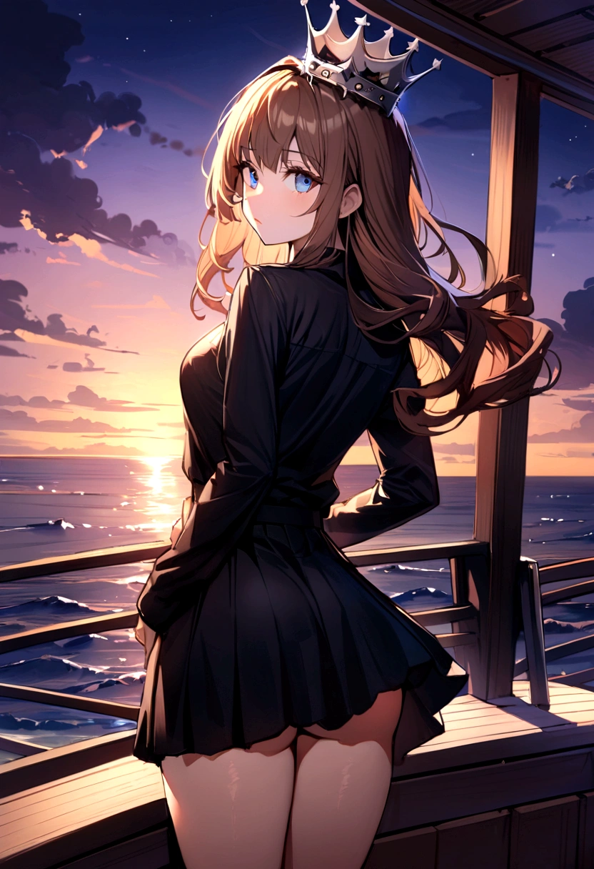 (Highest quality)(1 woman,single,long hair,brown hair,blue eyes,sexy figure ,Black suit shirt,black skirt,There is a small silver crown on the head.,Turn to look at the viewer,standing on the edge of the boat,Beautiful morning light(boat roof, overlooking the sea, Detailed background (little light pollution)) look back