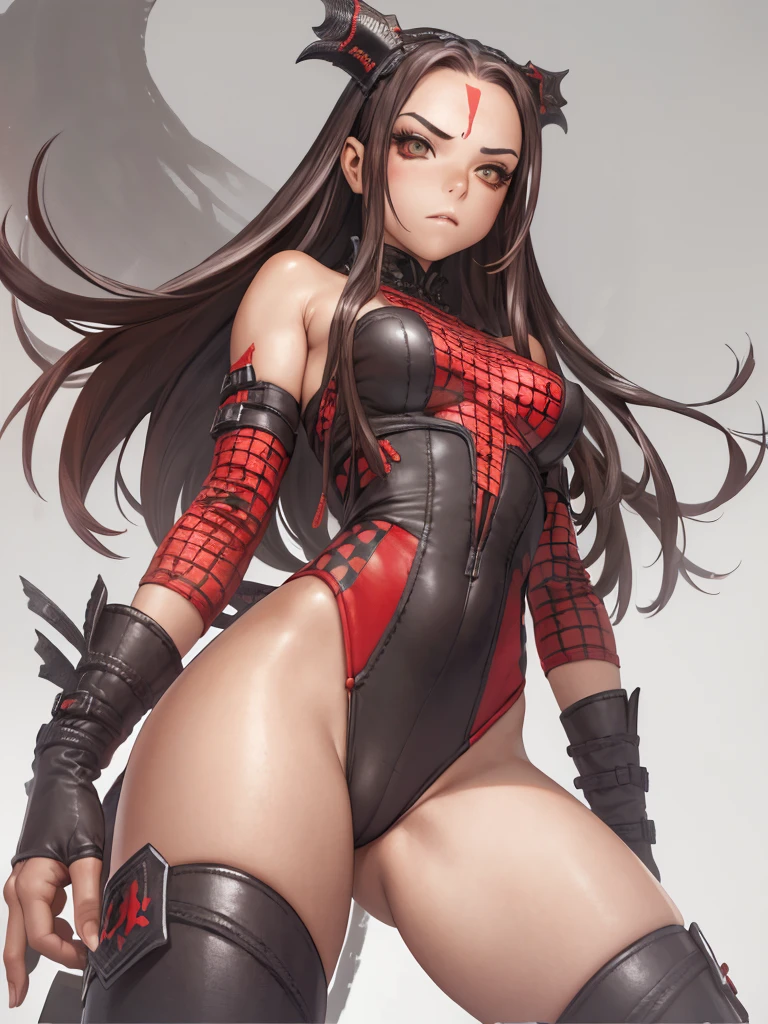 (((red checkered pattern, branco e preto))), (((cabelo curto loiro))), The most powerful girl on the planet with an aggressive evil dragon outfit, arms with scale textures, Agilidade, pose de lutadora, expression of hatred on the face, melhor qualidade, high resolution, action pose, corpo inteiro