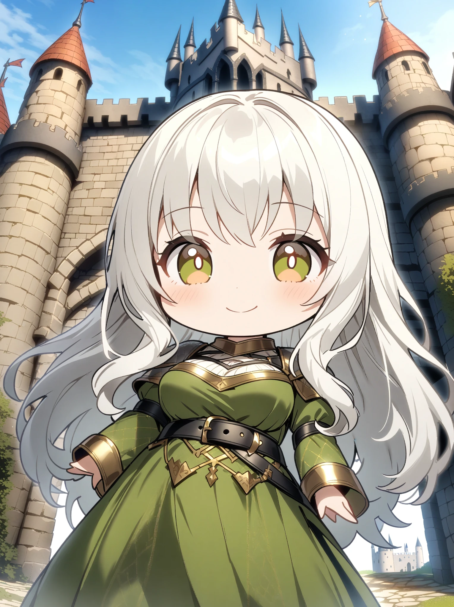{{upper body, dutch angle}} {{Artist: Kamepan44321}} 1girl, mature female, white hair, longhair, hazel eyes, medium breasts, smiling green dress, black belt with gold, outdoors, castle entrance, standing, hands on sides, pov, medieval fantasy, chibi, solo, no humans
