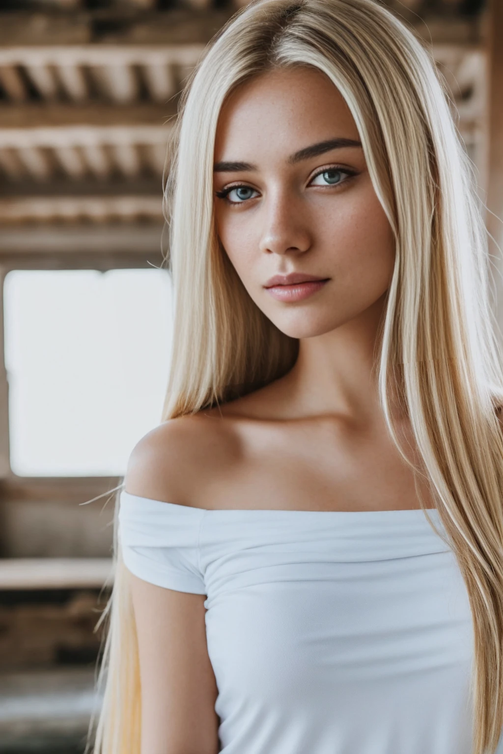 1 Girl,  19, Solitary, Long hair, huge , Looking at the audience, Blonde hair, Bare shoulders, Jewel-like, whole body, (Extremely detailed 8k wallpaper), Soft lighting, high quality, Film Grain, Fuji XT3 Clear focus, f 5.6, High Detail, Clear focus,(Natural light), (close up:1.2), (Tempting), Off-shoulder T-shirt, Practical, Sexy