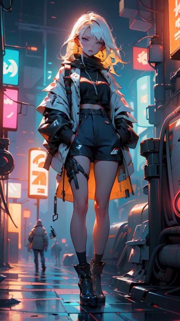 1 girl, long Yellow hair , cyberpunk, blue eyes, high heels, hand in pocket, best quality, 4k, 8k, highres, masterpiece:1.2, ultra-detailed, realistic, photorealistic, photo-realistic:1.37, HDR, UHD, studio lighting, ultra-fine painting, sharp focus, physically-based rendering, extreme detail description, professional, vivid colors, bokeh, cyberpunk, science fiction, neon lights, dark atmosphere, dramatic lighting