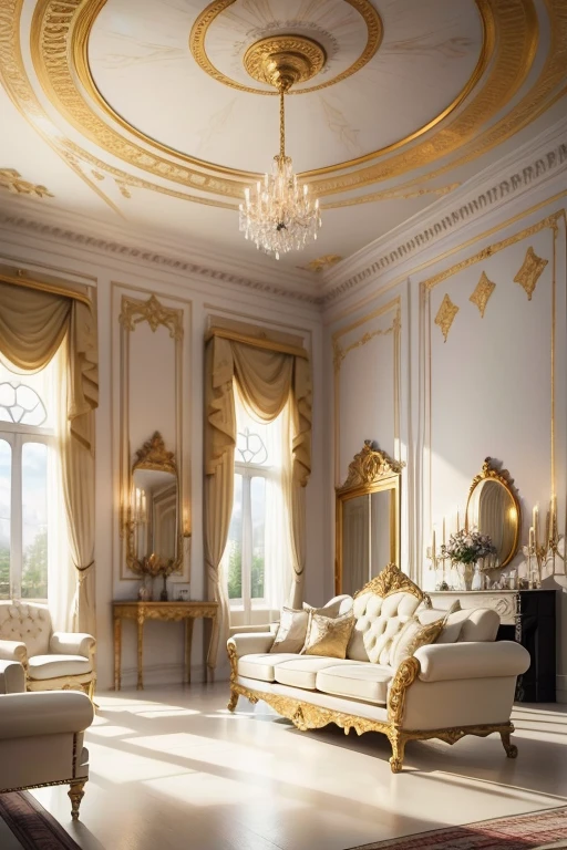 An 80 m² space 14th century Versailles style decorated living room, white oil-mixed walls, gold stickers, frescoes, crystal lamps