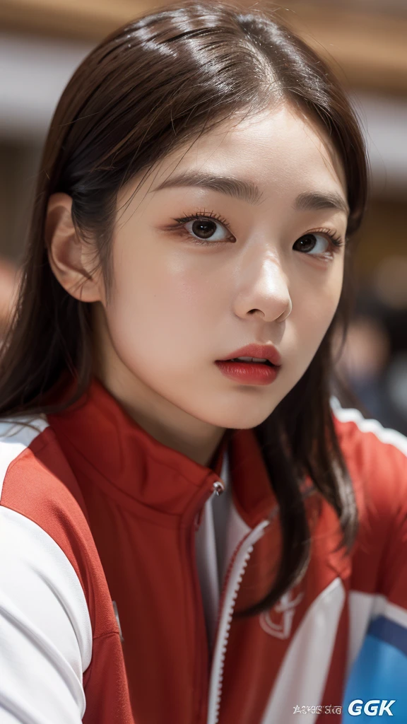 Highly detailed CG Unity 8K wallpapers,top Quority,Super detailed,tmasterpiece,realisticlying,photograph realistic,Very detailed cute girl,25 age old,musculature,Microabs,Round eyes,peeping at the viewer,Be red in the face,parted lip,Half-body shooting,
track suit , gym room,