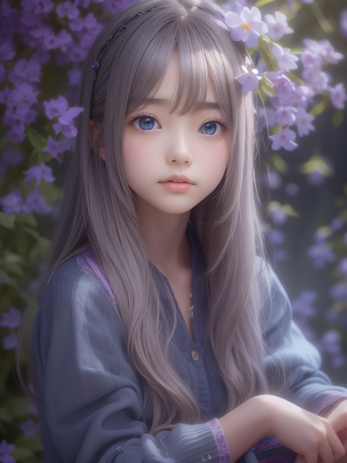 Realistic、８age、Real masterpieces, Highest quality, Highly detailed shape,1 Girl,alone, 画像Book体, flower, Looking at the audience、 Purple eyes, Jewel-like eyes, Very beautiful eyes, Highly detailed face,, , star (null), star座, Purple Energy, handrail, 流star、Shiny, straight, long hair down to the waist, Beautiful shiny bangs、16ｋ、photograph、quality、Looking down on a young girl from above、指は4Book、The thumb１Book、Well-formed fingers、
